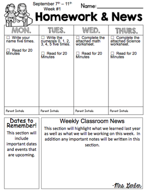 weekly homework sheet for kindergarten